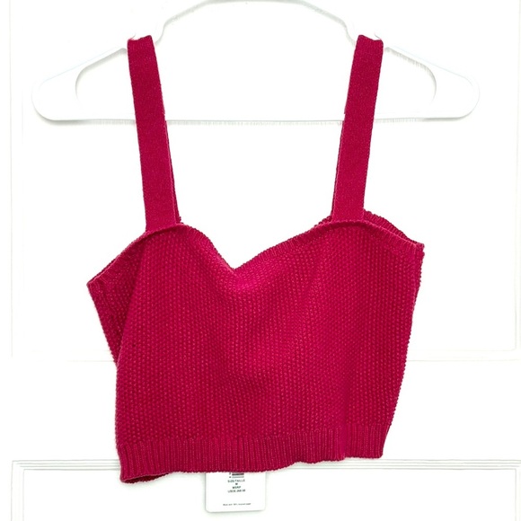 NWT AMUR Cotton Merino Wool Fuchsia Knit Twist Front Sweetheart Neck Crop Top M - Picture 3 of 5
